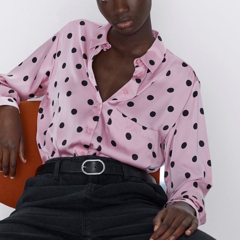 Zara polka dot pink silk top blouse shirt blogger